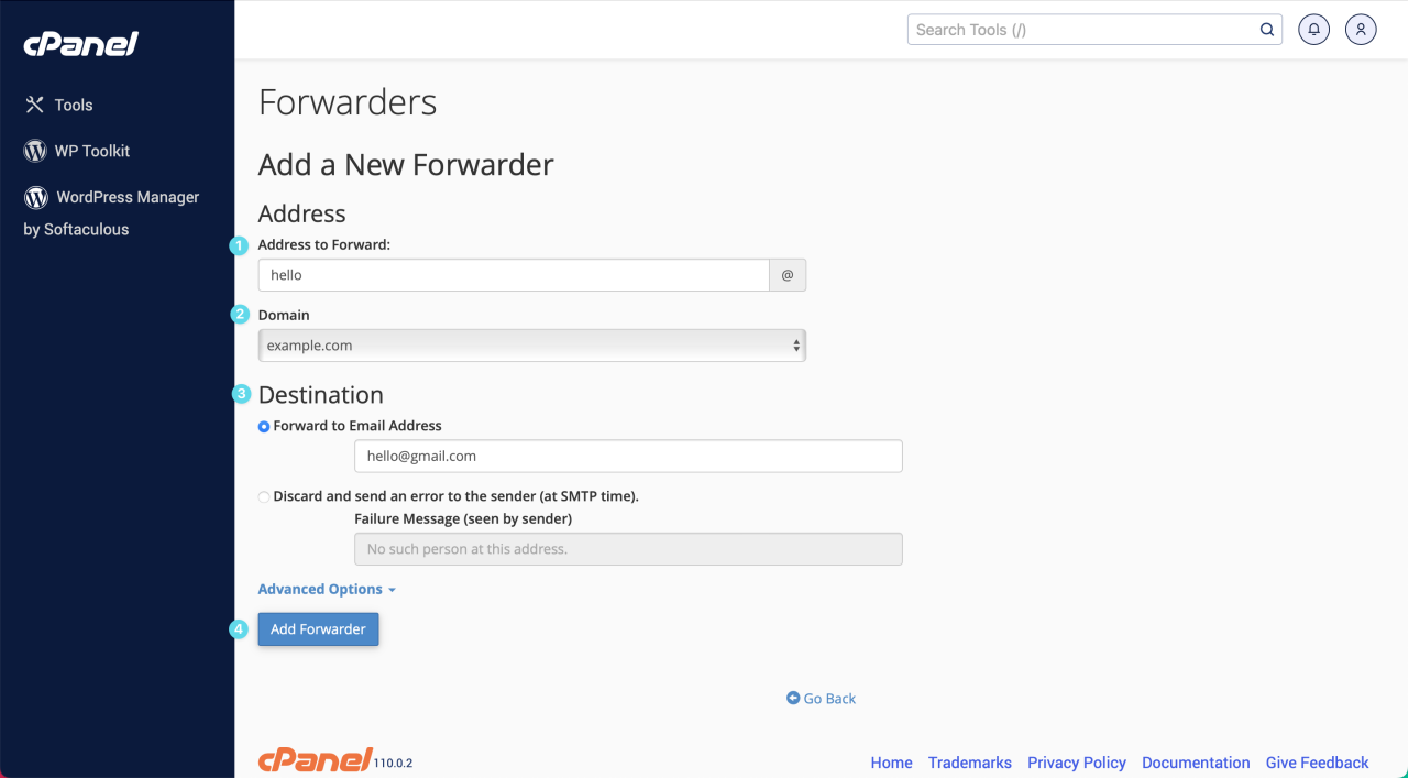 Enter your forward from and forward to email addresses.