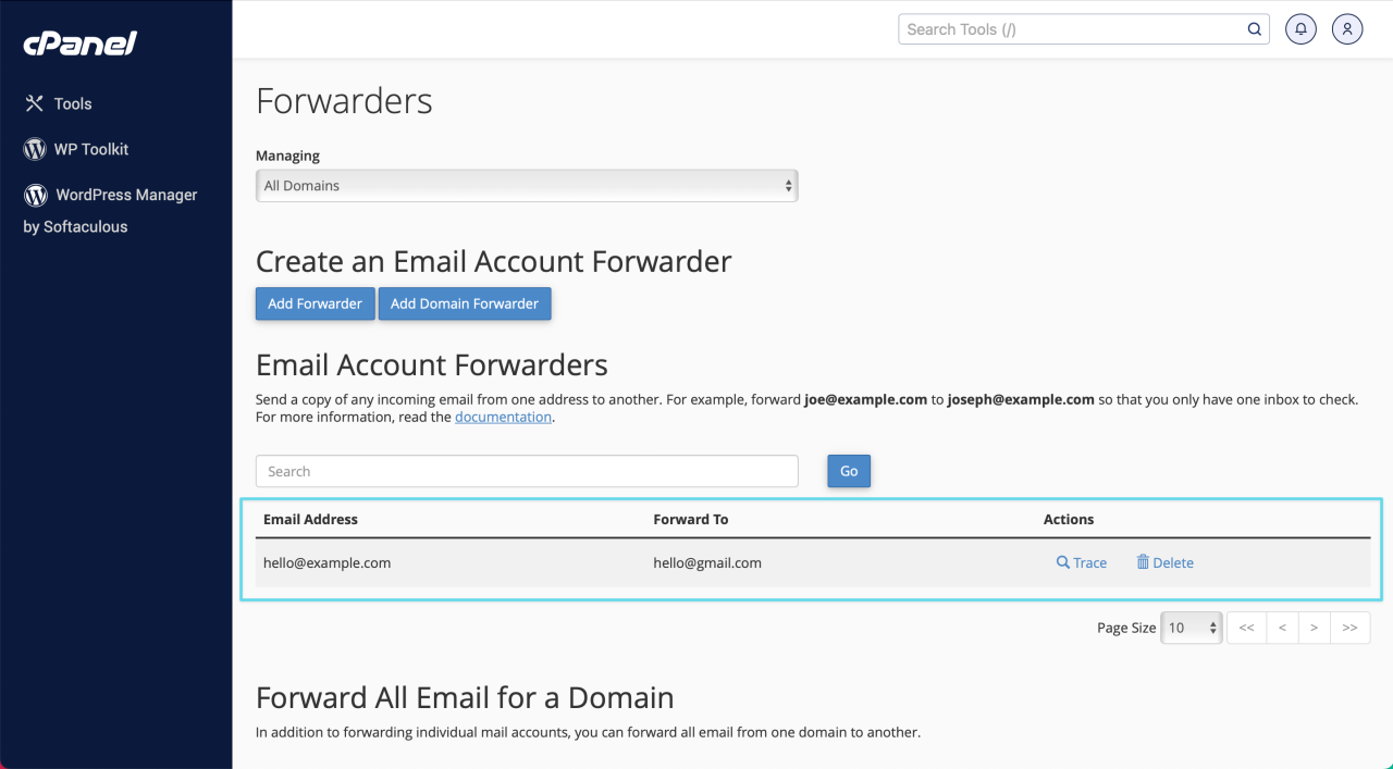 Confirm the email forwarder has been added under the Email Account Forwarders section.