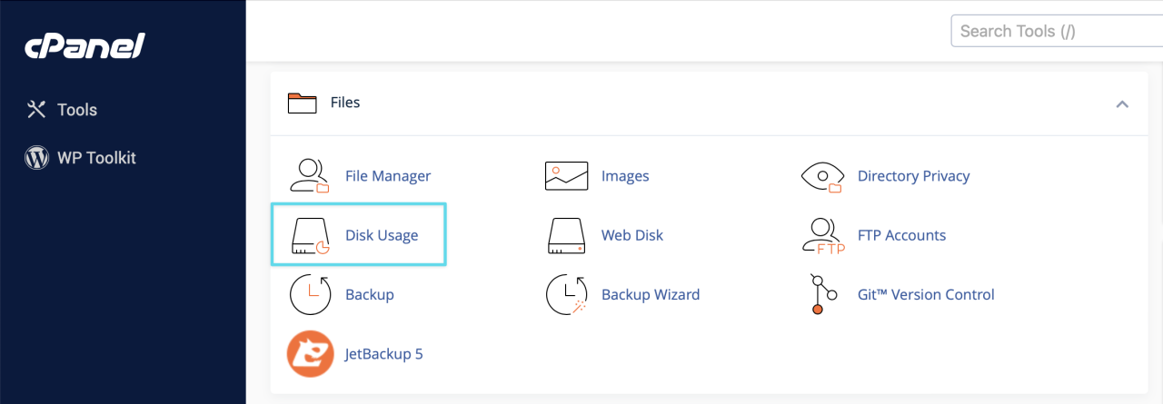 Click Disk Usage within cPanel's Files section.